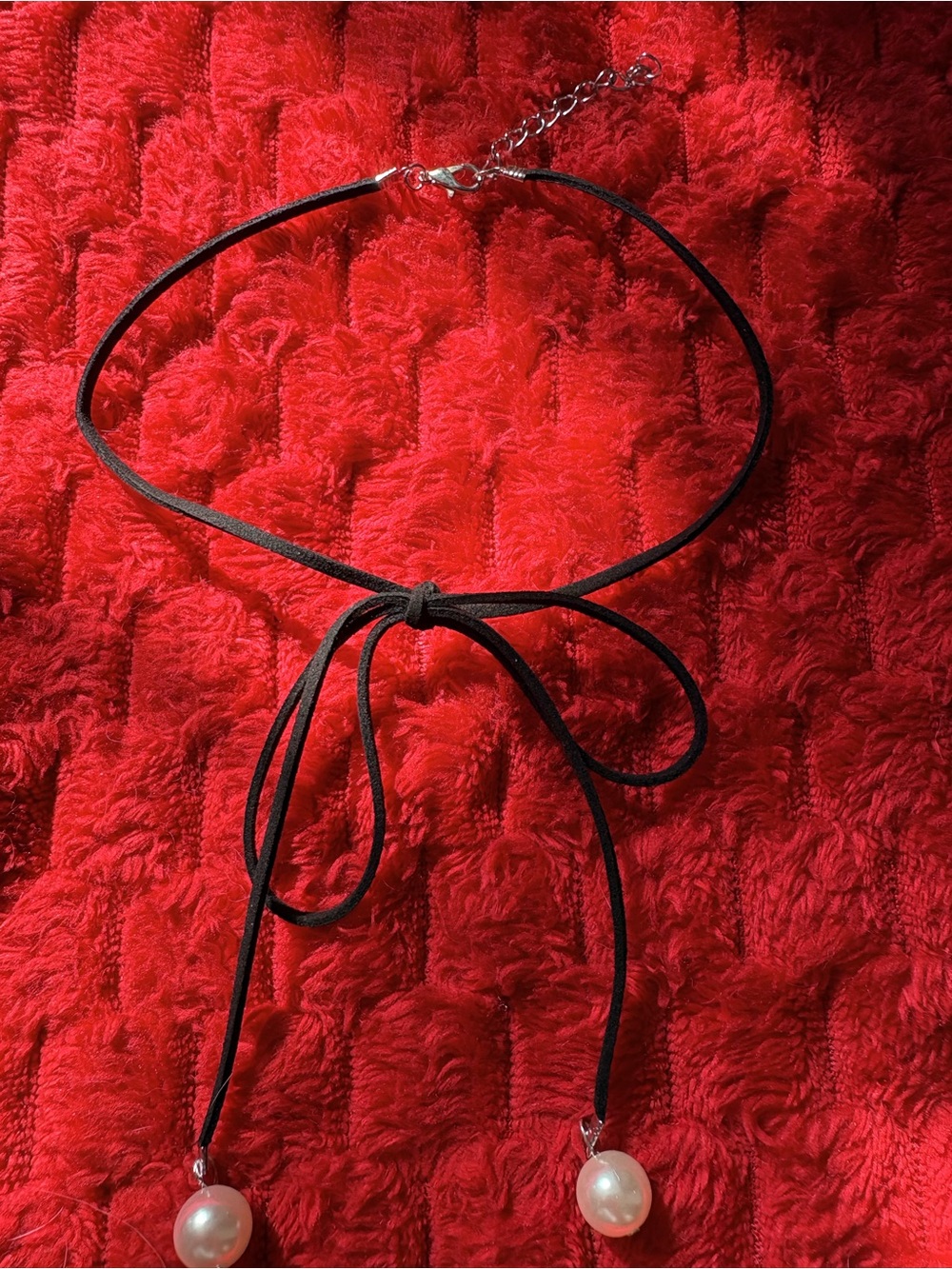 🖤 Black Suede Pearl Bow Wrap Choker Necklace